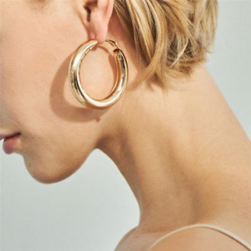 Gold Thick Hoop Earrings - Picture 2 of 3